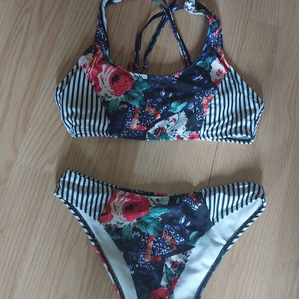 Floral and Striped Bikini Set
